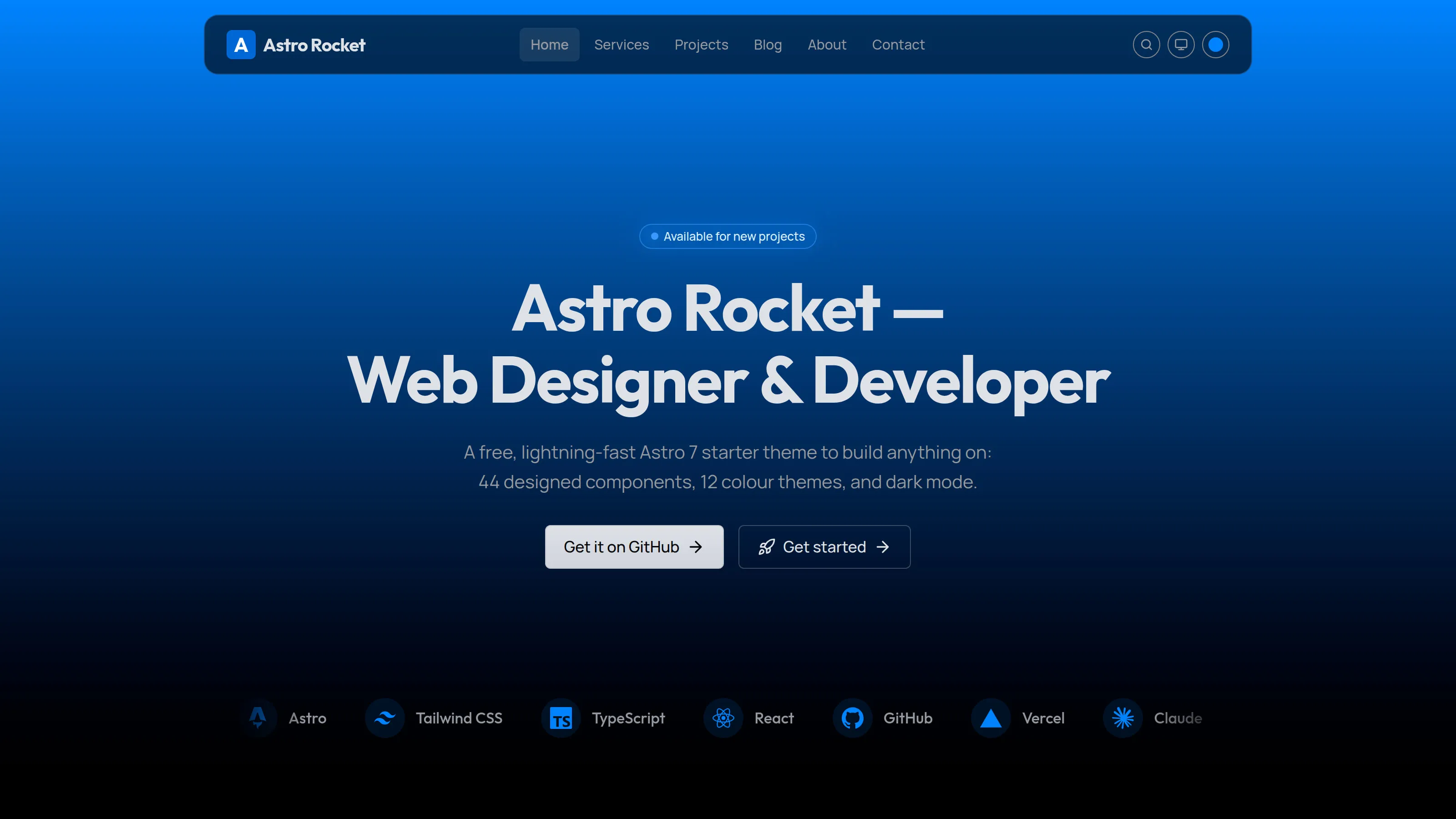The Astro Rocket homepage hero in Blue, the default colour theme.