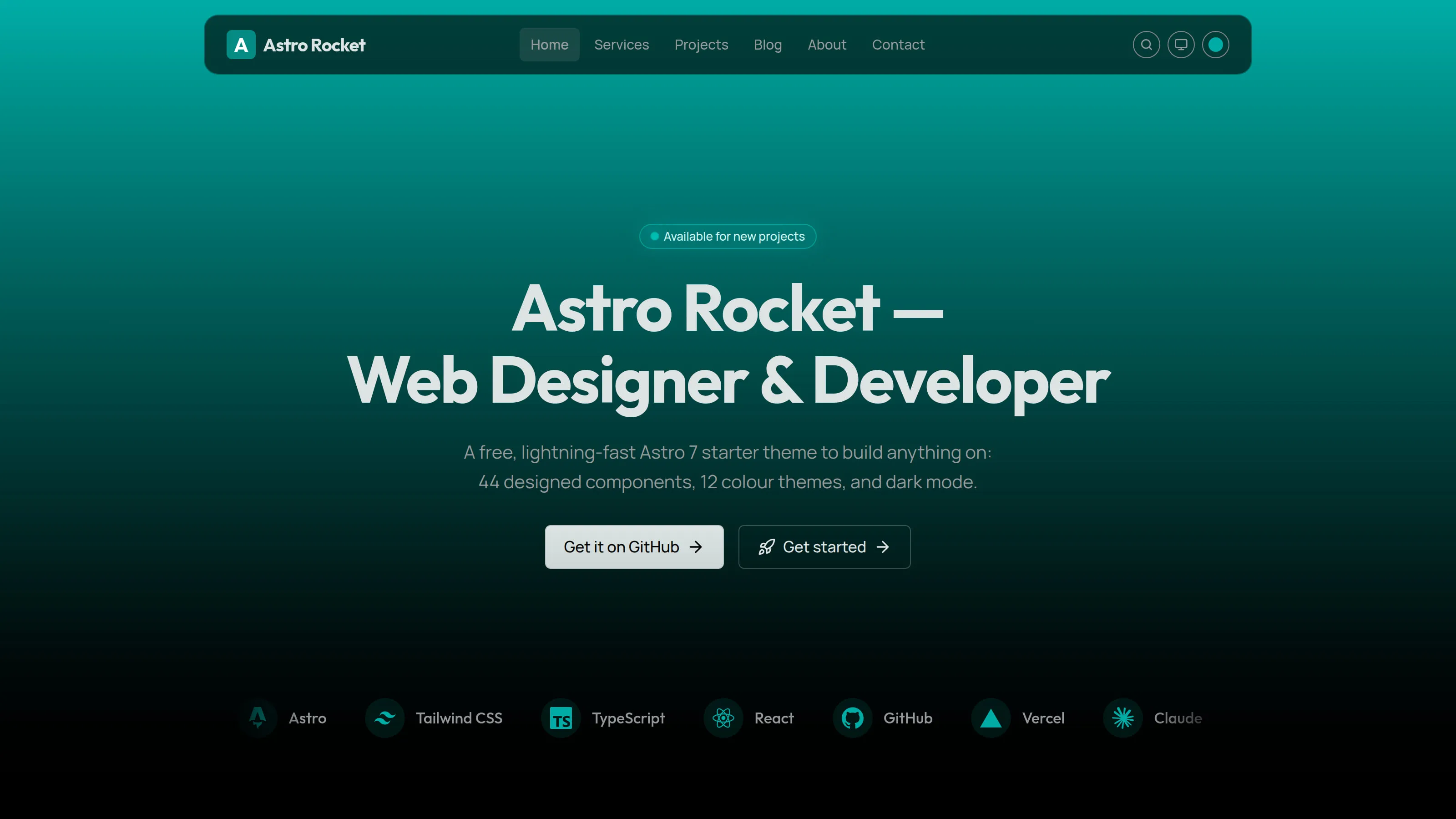 The same homepage hero in the Teal colour theme.